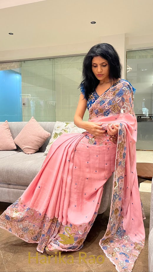 Pink and Blue Saree