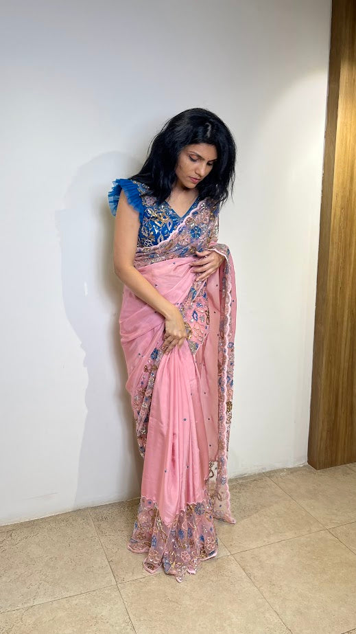 Pink and Blue Saree