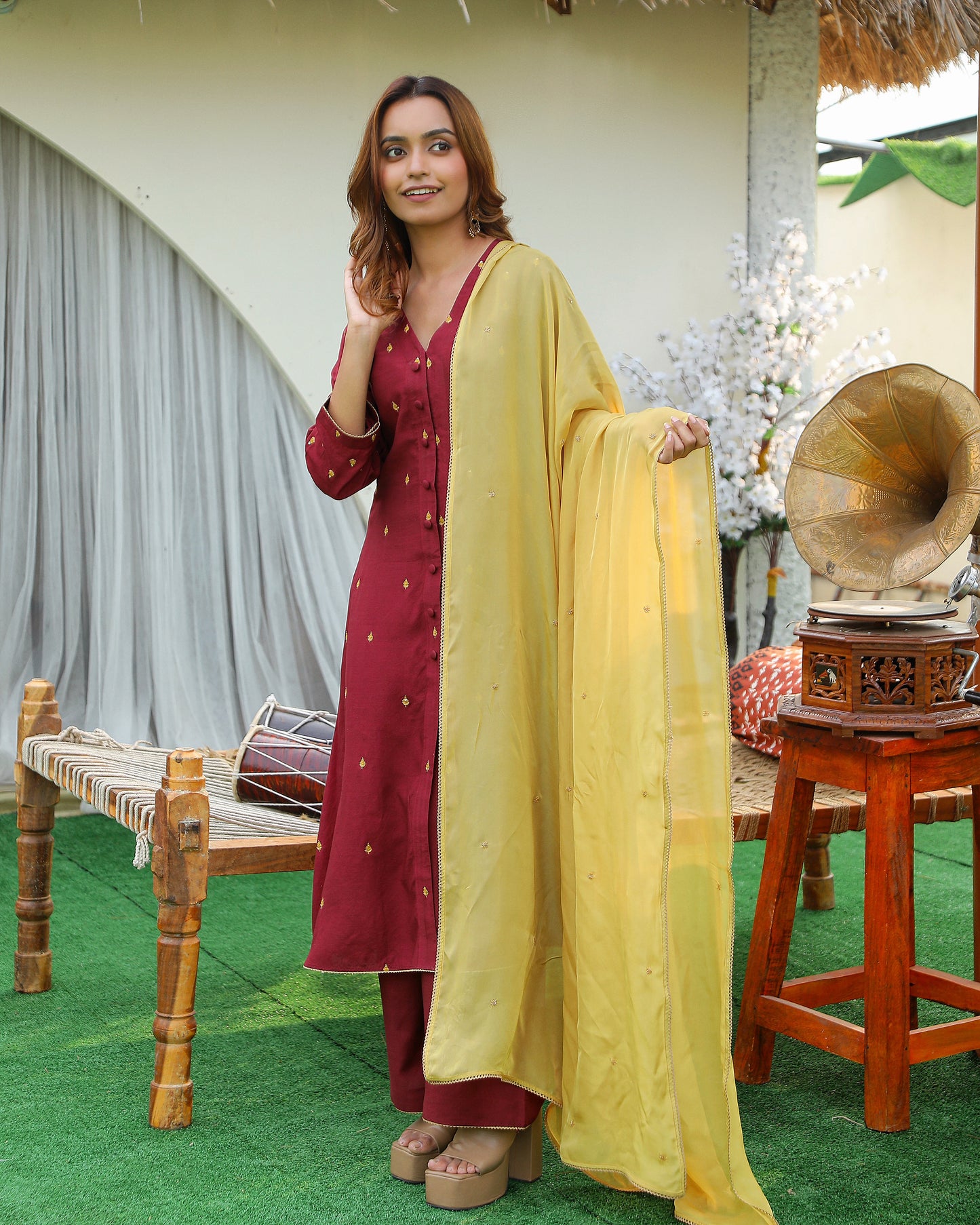 Maroon Kurti Set with Mustard Accents