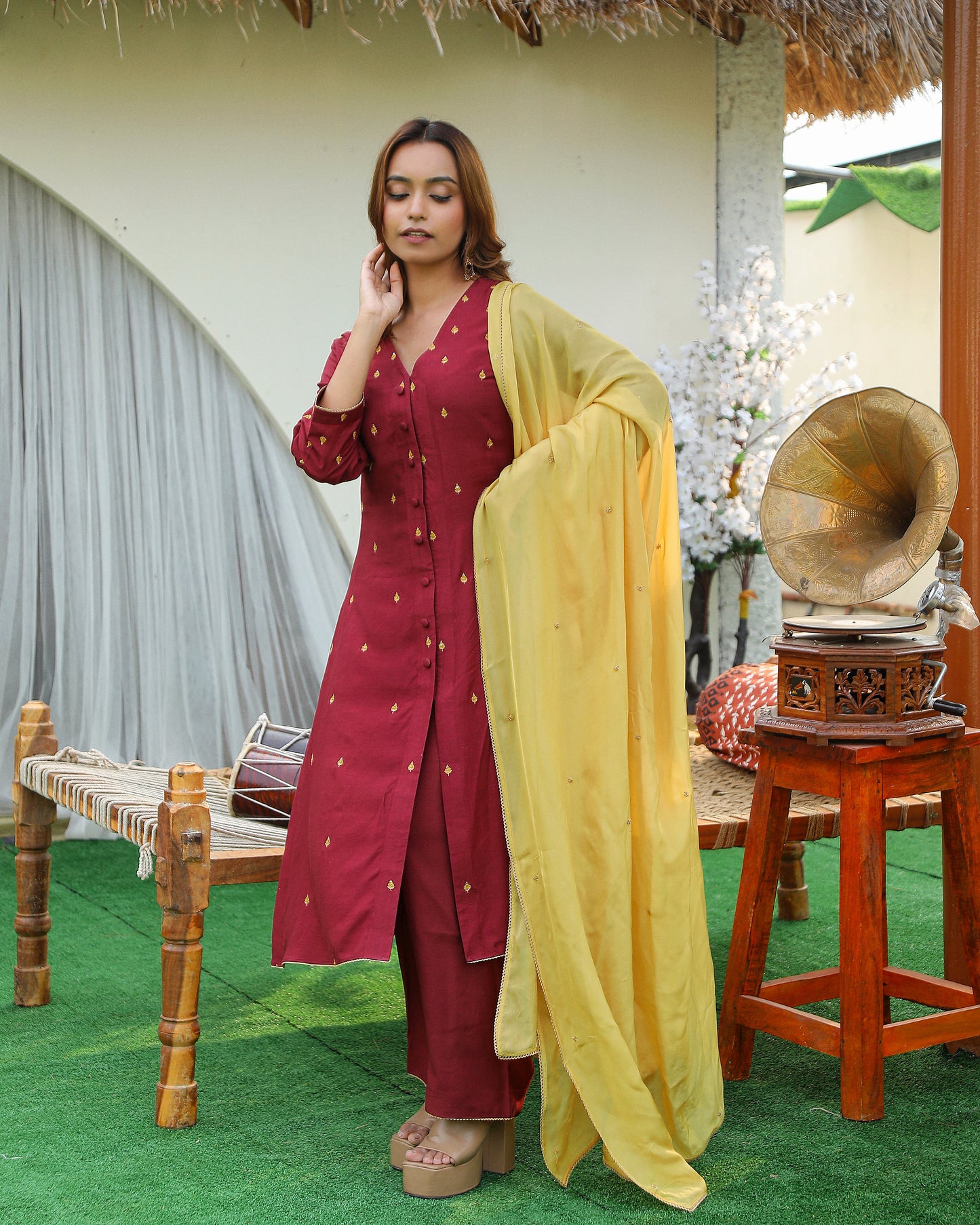 Maroon Kurti Set with Mustard Accents