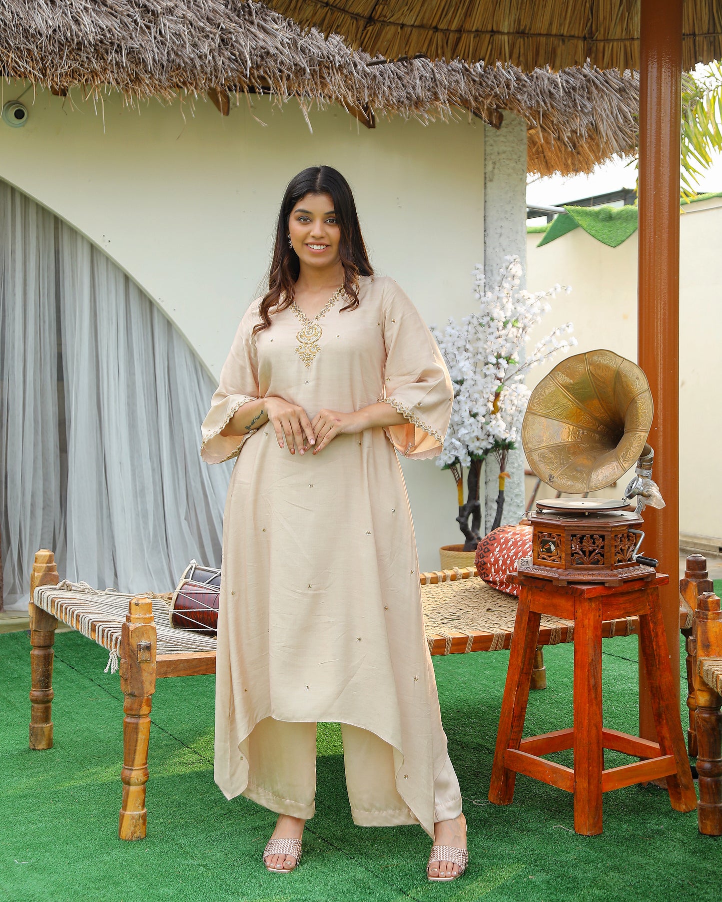 Beige Bell Sleeve Kurti Set