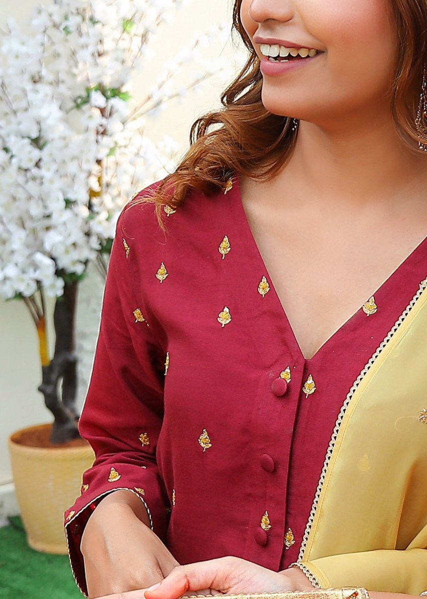 Maroon Kurti Set with Mustard Accents