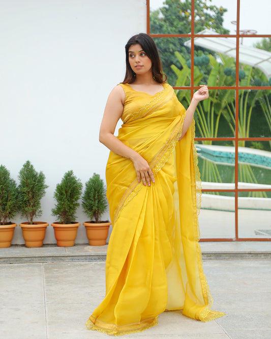 Yellow Satin Organza Saree