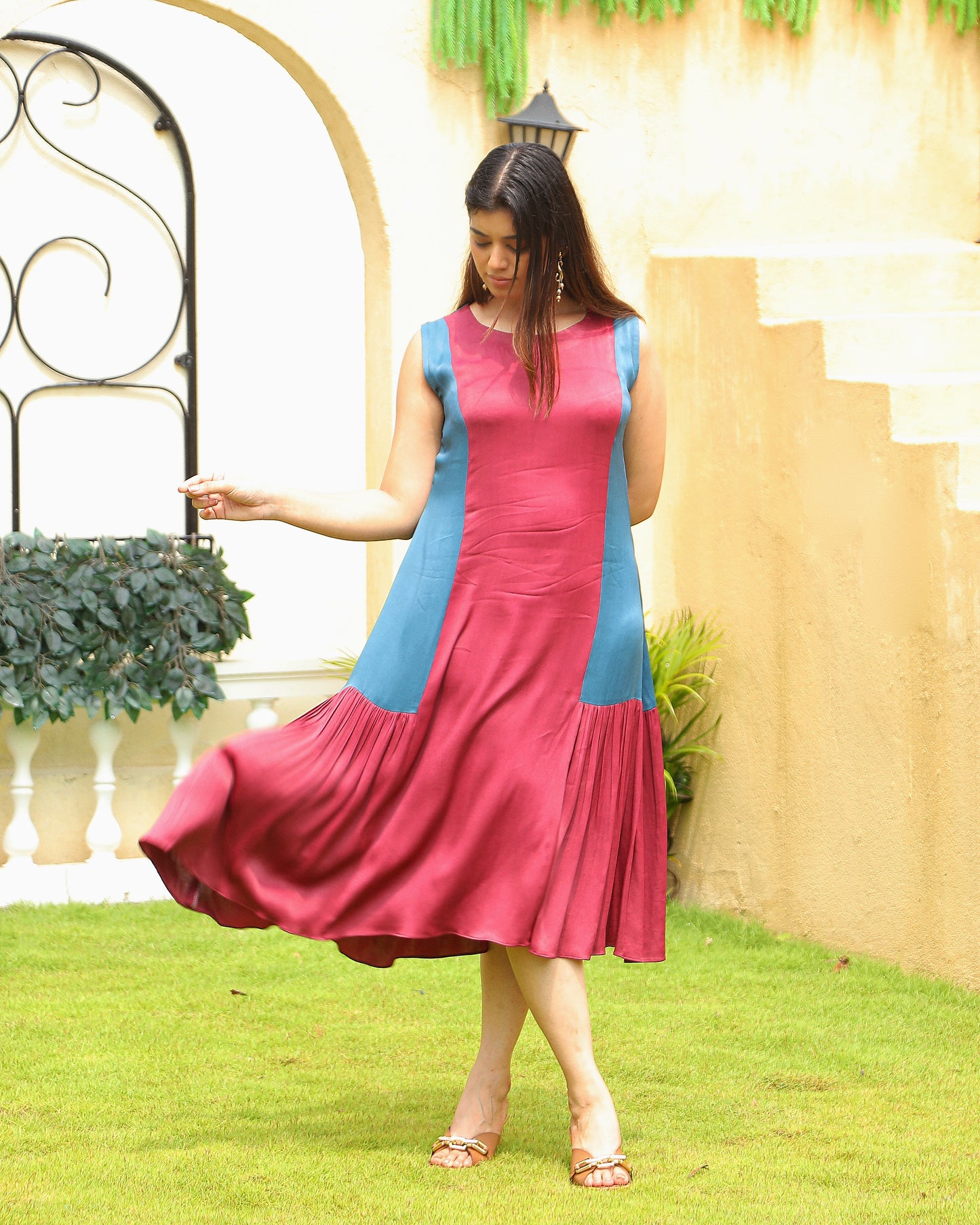 Pink and Blue Pleated Flare Dress