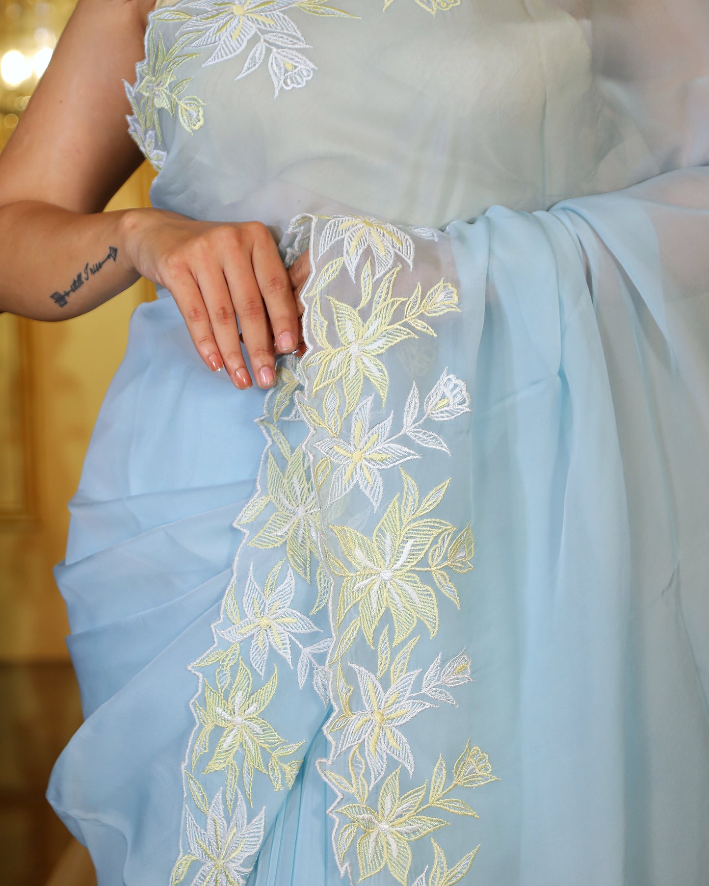 Blue Floral Threadwork Saree