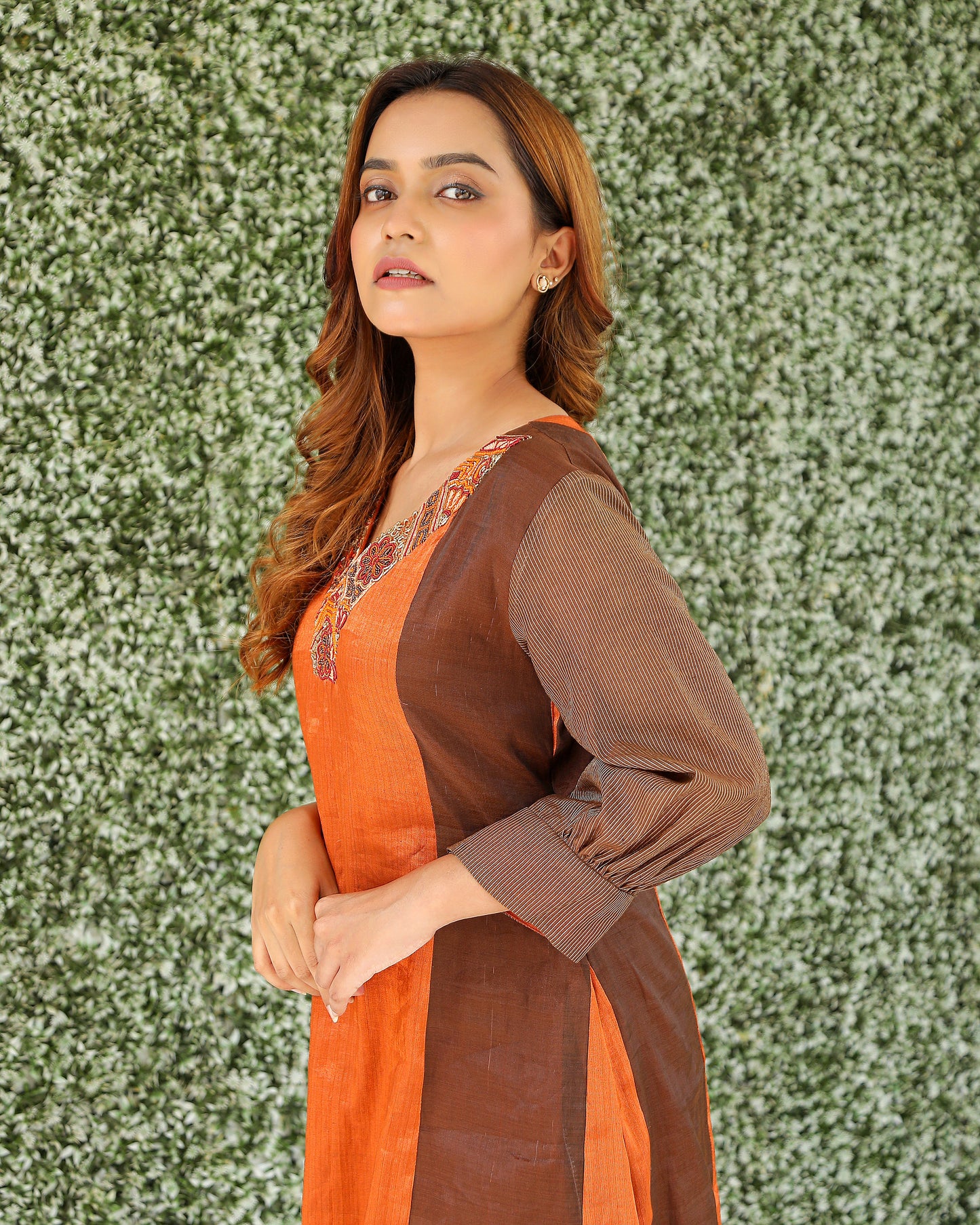 Orange and Brown Chanderi Silk Kurti Set