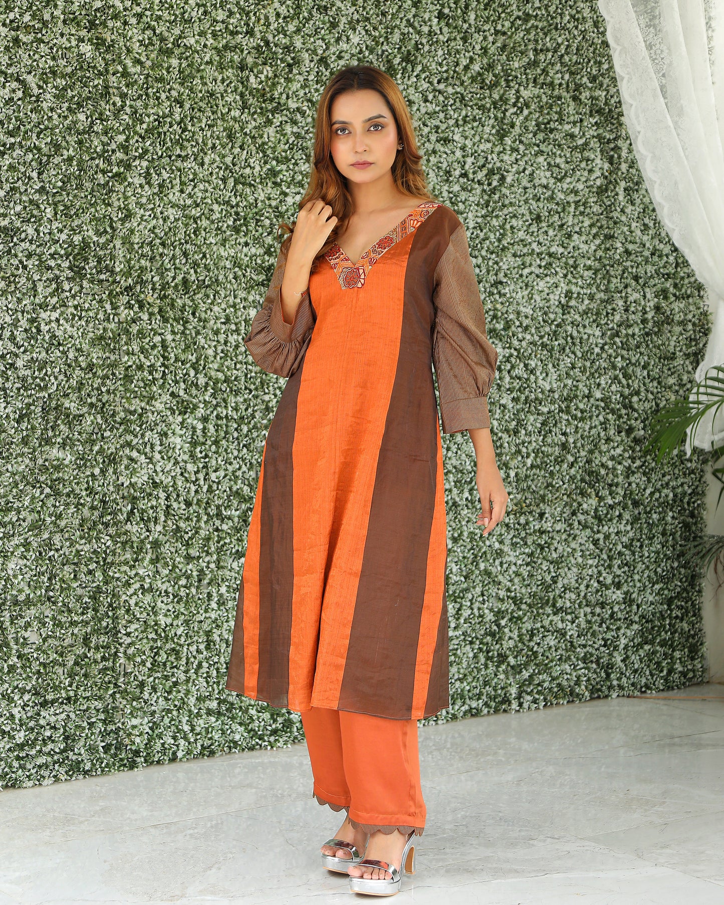 Orange and Brown Chanderi Silk Kurti Set