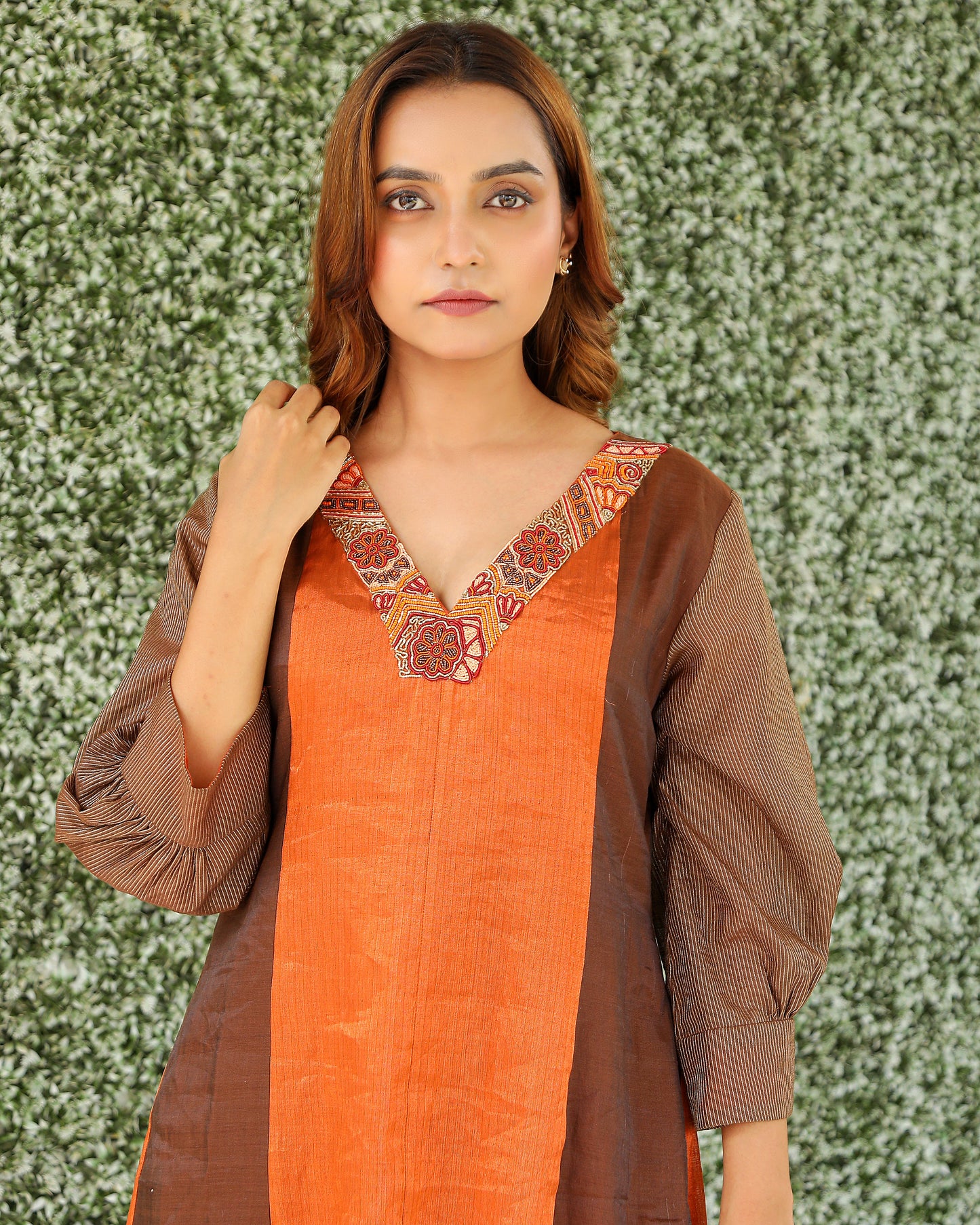 Orange and Brown Chanderi Silk Kurti Set