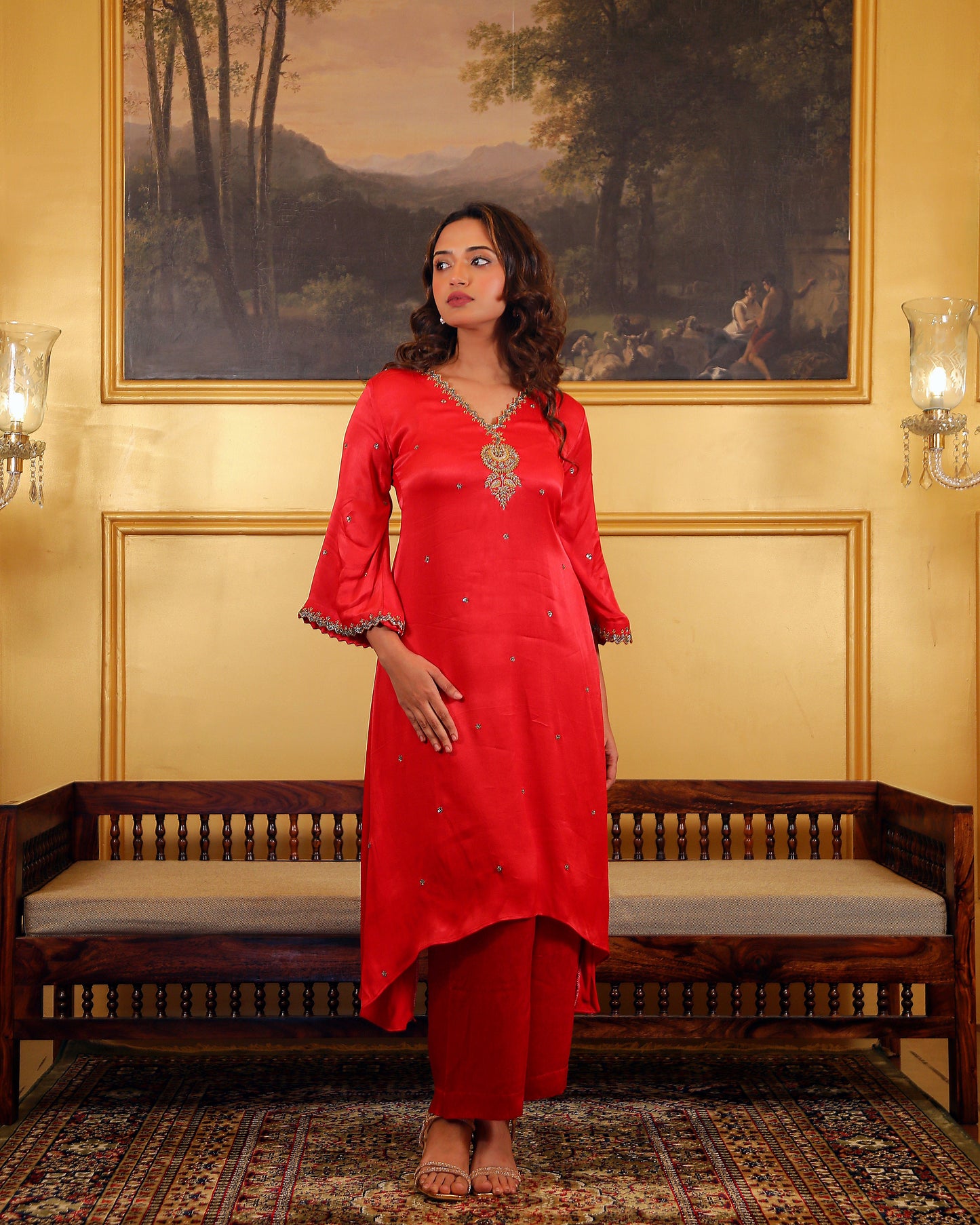 Red Bell Sleeve Kurti Set