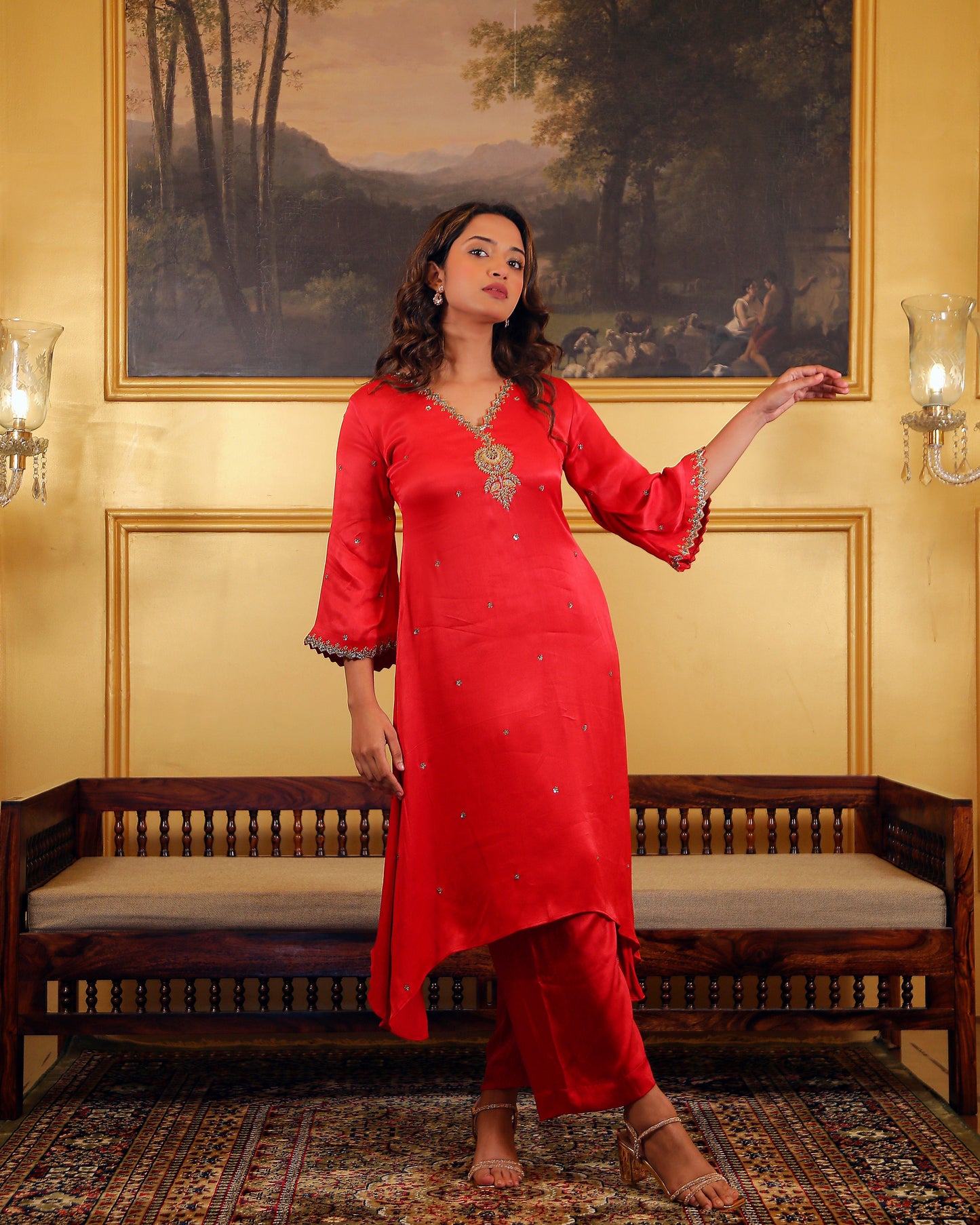 Red Bell Sleeve Kurti Set